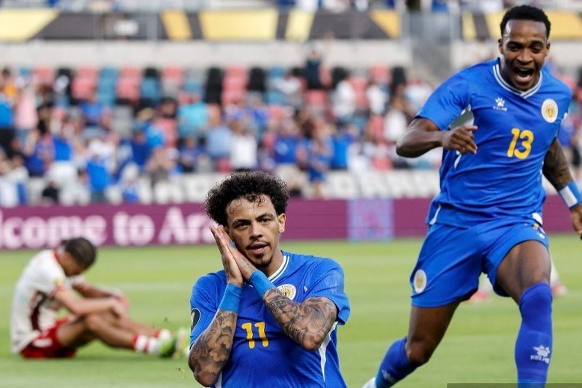 Jeremy Antonisse merayakan gol dalam pertandingan Grup B Piala Emas CONCACAF 2025 Curacao vs Kanada di Stadion Shell Energy pada 21 Juni 2025 di Houston, Texas.Tim Warner/Getty Images/AFP (Photo by Tim Warner / GETTY IMAGES NORTH AMERICA / Getty Images via AFP)(AFP/TIM WARNER)